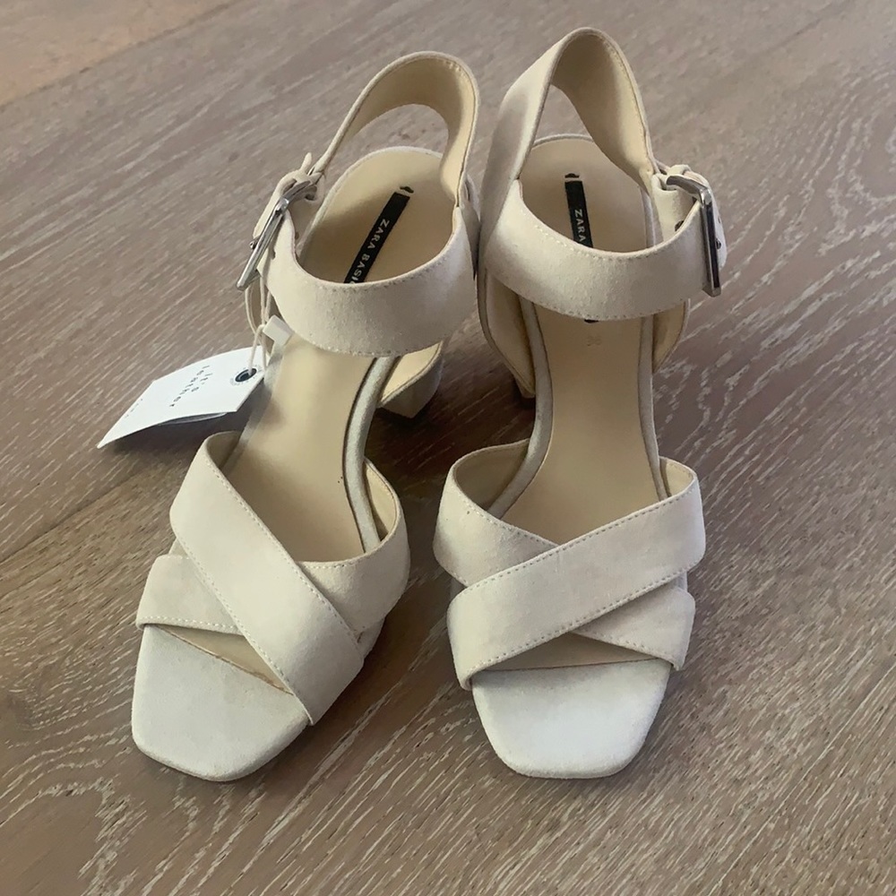 Zara Cream/White Suede Leather Block Heel Sandals
